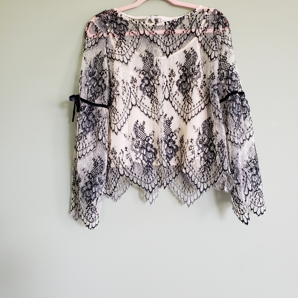 Altar'd State Black and Cream Lace Bell Sleeve Top